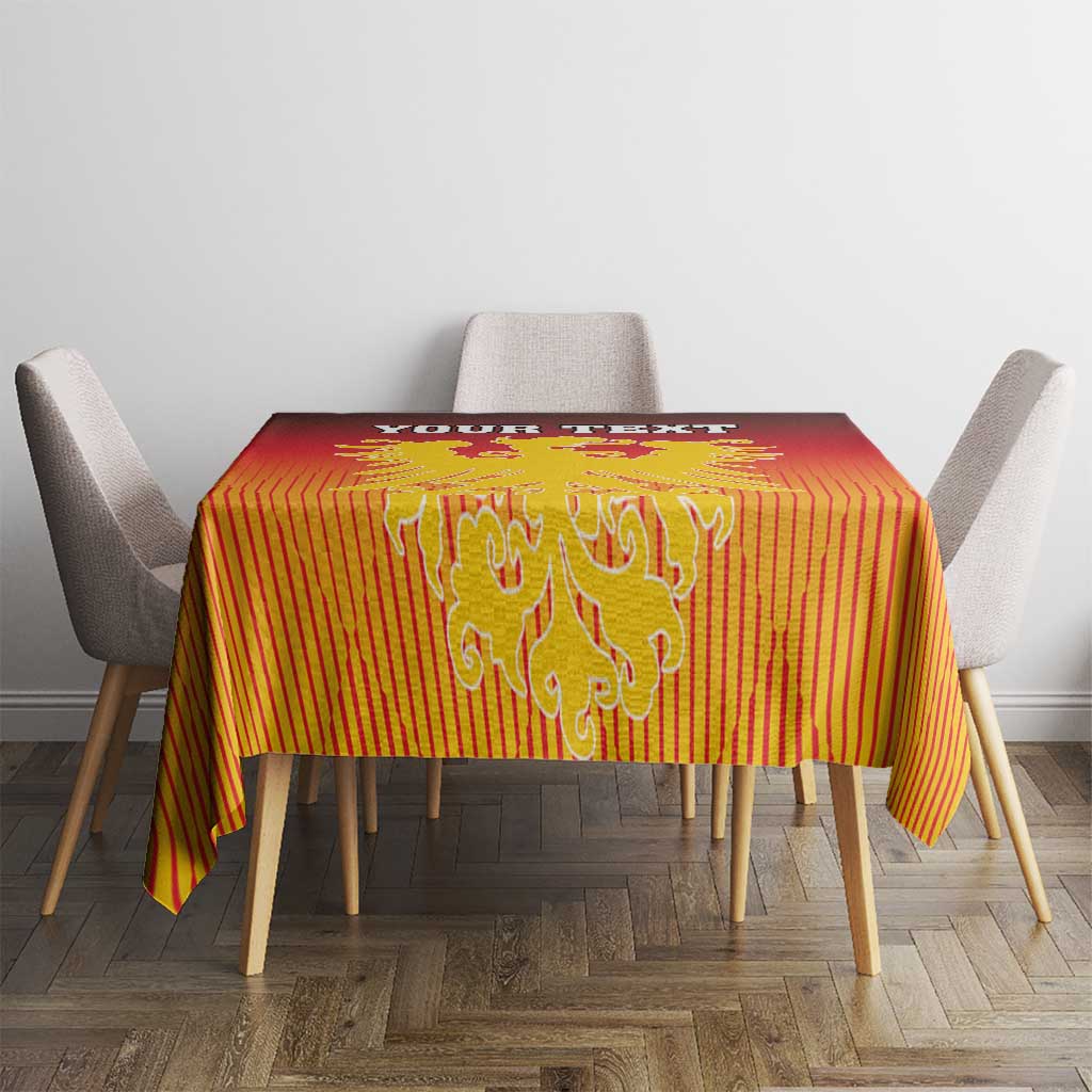 Red and gold tablecloth with coat of arms panel and custom text strip