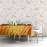 Red and gold striped Germany tablecloth with coat of arms centerpiece