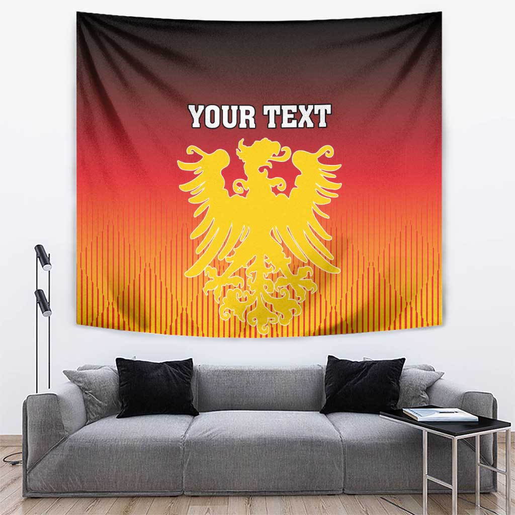 Red wall tapestry featuring a gold eagle coat of arms crest and 'YOUR TEXT'