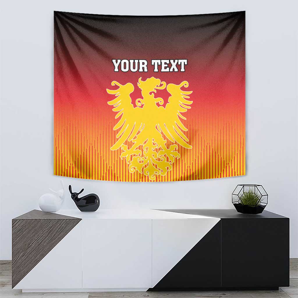 Red wall tapestry with centered gold eagle coat of arms and 'YOUR TEXT'