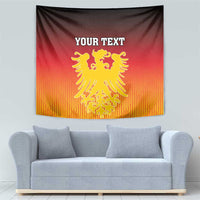 Red wall tapestry with gold eagle coat of arms crest and 'YOUR TEXT' on light wall