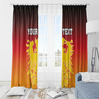 Red Germany window curtain with gold lion coat of arms and 'YOUR TEXT' over rod hangers