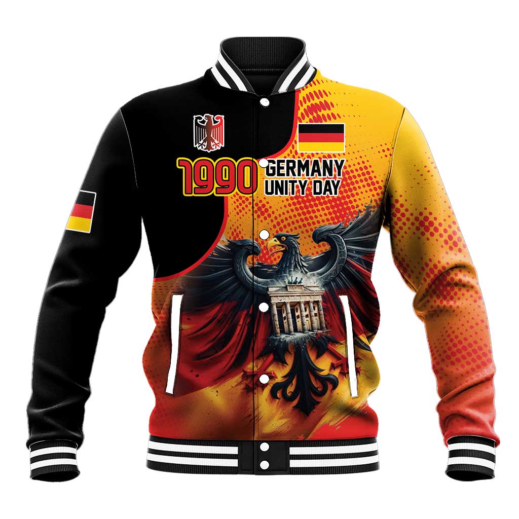 Black baseball jacket with yellow-red graphic front and eagle emblem, striped ribbed collar