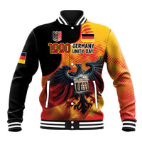 Black baseball jacket with yellow-red graphic front and eagle emblem, striped ribbed collar