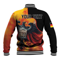 Black baseball jacket back with yellow-red graphic and 'YOUR TEXT', striped ribbed hem
