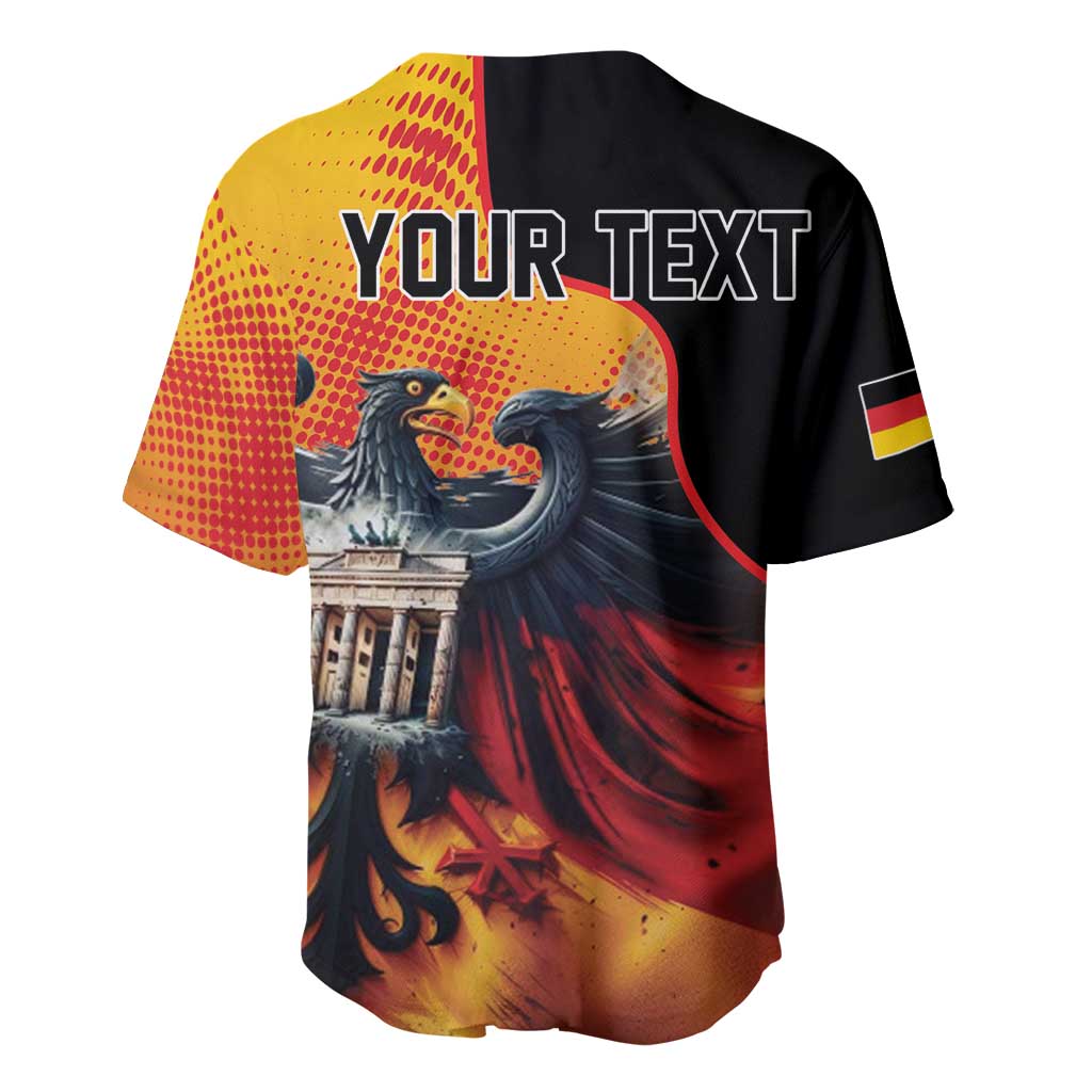 Black baseball jersey with yellow/red eagle graphic, Brandenburg Gate, and 'YOUR TEXT'.