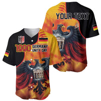 Two black and gold baseball jerseys with eagle art, Germany Unity Day text, and flag sleeves.