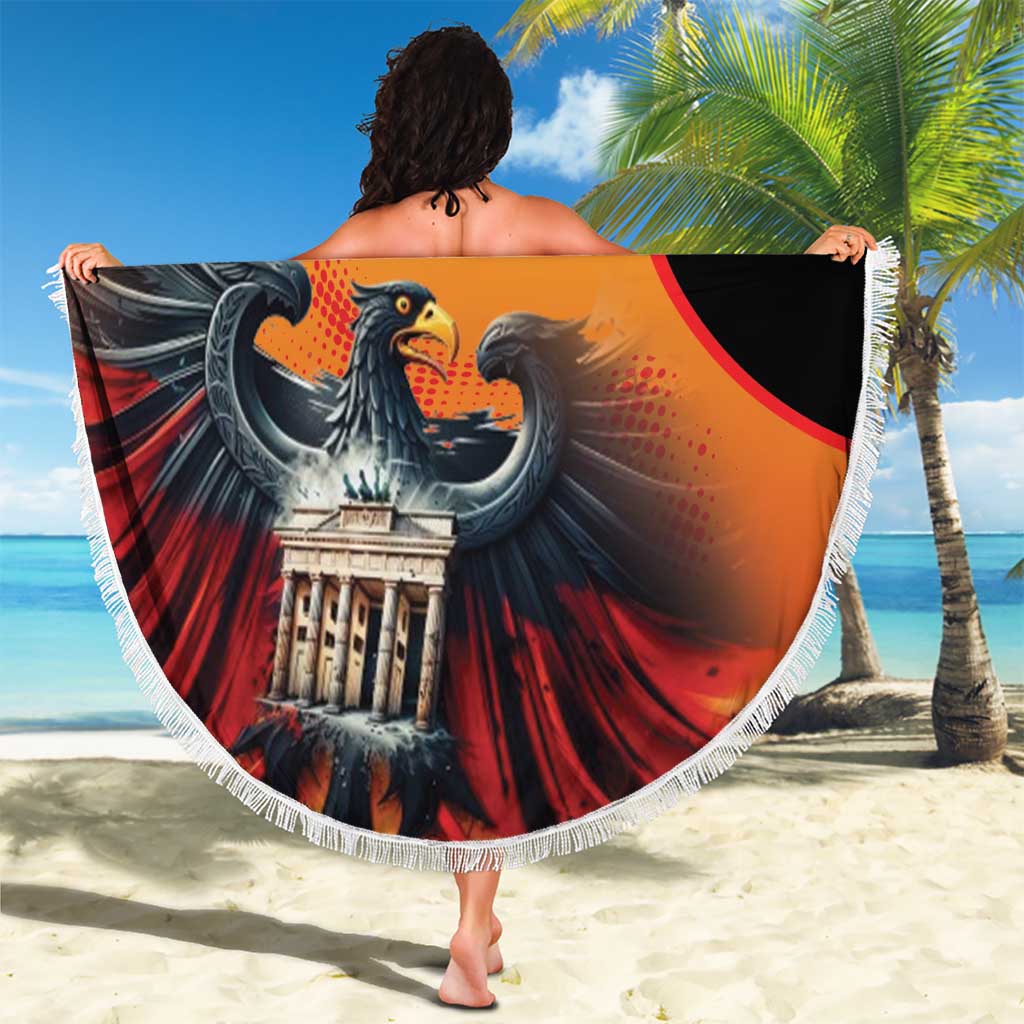 Round black beach blanket with white fringe, eagle artwork and 'YOUR TEXT' wording.