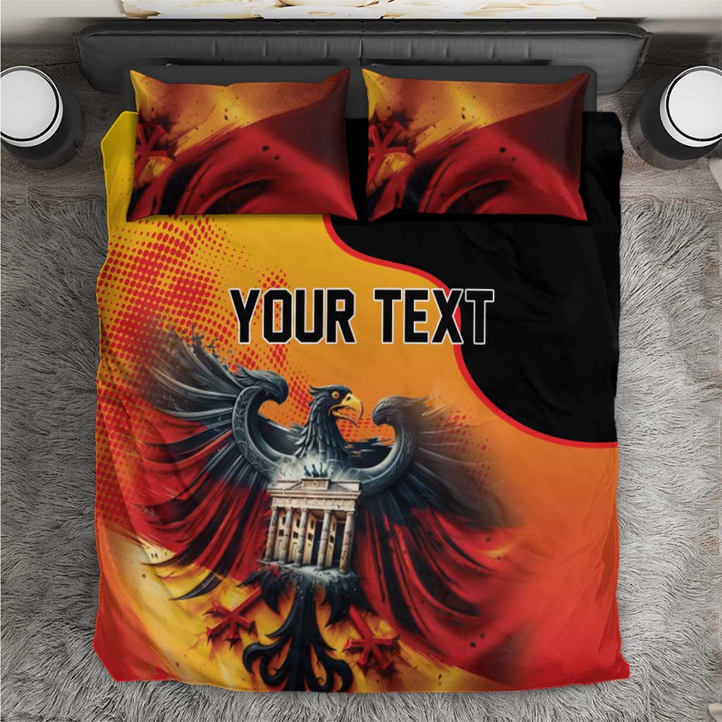 Duvet cover set with eagle graphic in red/orange and black, plus 'YOUR TEXT' pillowcases