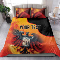 Duvet cover set with eagle graphic, red/orange with black shield, 'YOUR TEXT' on duvet front