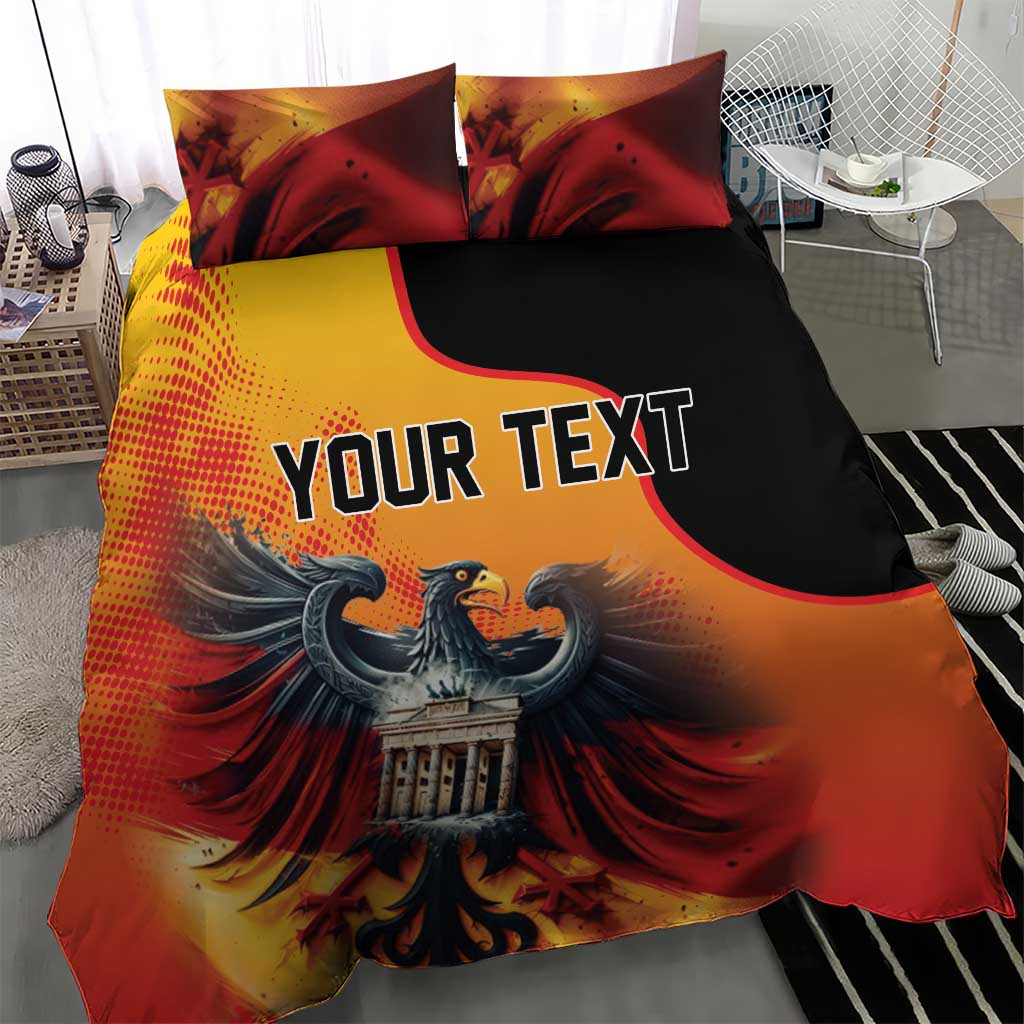 Duvet cover set featuring eagle artwork in red/orange with black shield curve and 'YOUR TEXT'