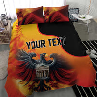 Duvet cover set featuring eagle artwork in red/orange with black shield curve and 'YOUR TEXT'
