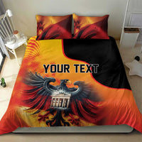 Duvet cover set with eagle-and-fire design, red/orange and black, two pillows, 'YOUR TEXT'