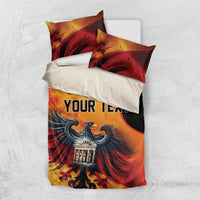 Personalized duvet cover set with eagle graphic in red/orange and black, 'YOUR TEXT' on front