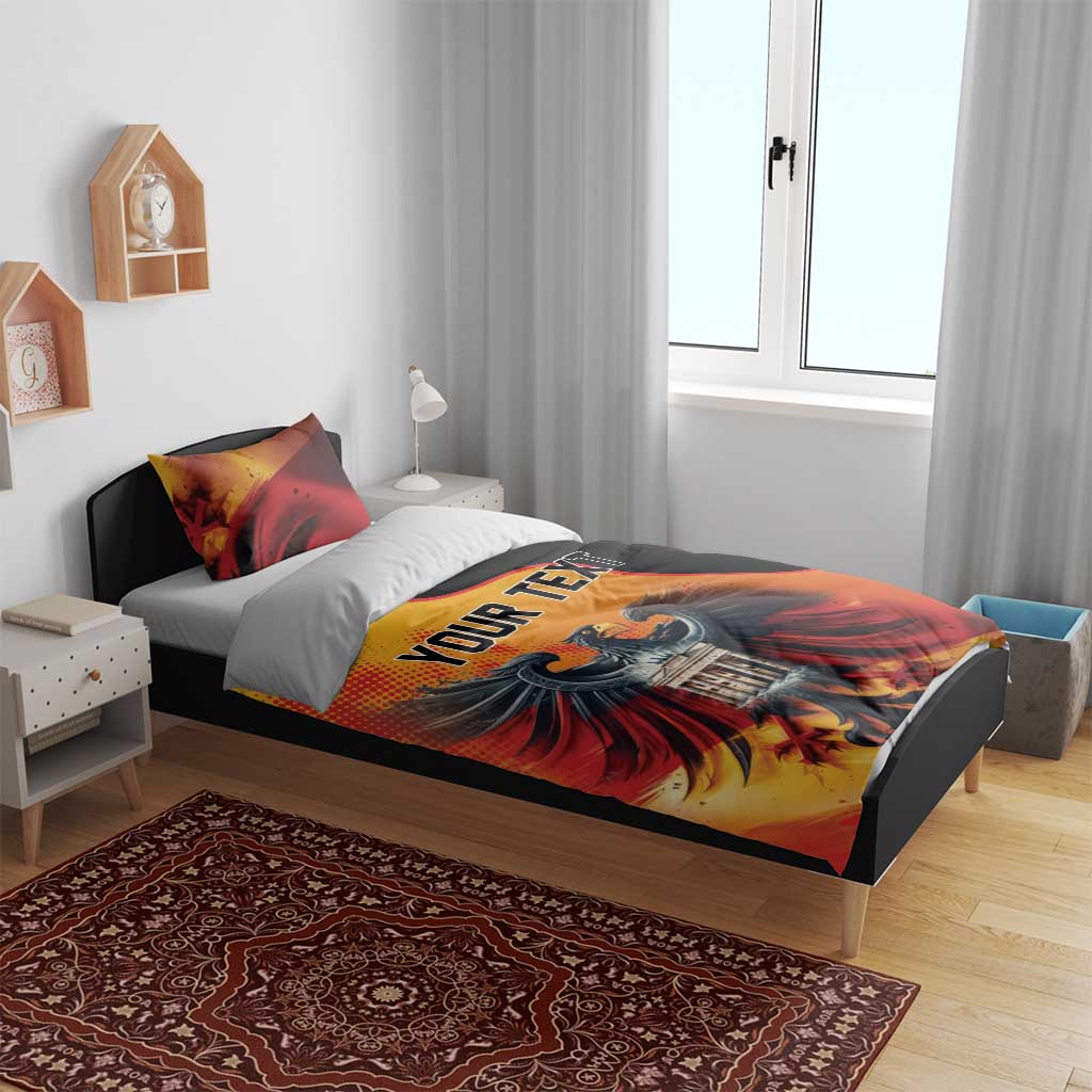 Duvet cover set with eagle artwork in red/orange and black, 'YOUR TEXT' printed on duvet
