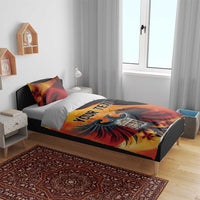 Duvet cover set with eagle artwork in red/orange and black, 'YOUR TEXT' printed on duvet