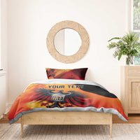 Duvet cover set with eagle design in red/orange and black, 'YOUR TEXT' across the bedspread