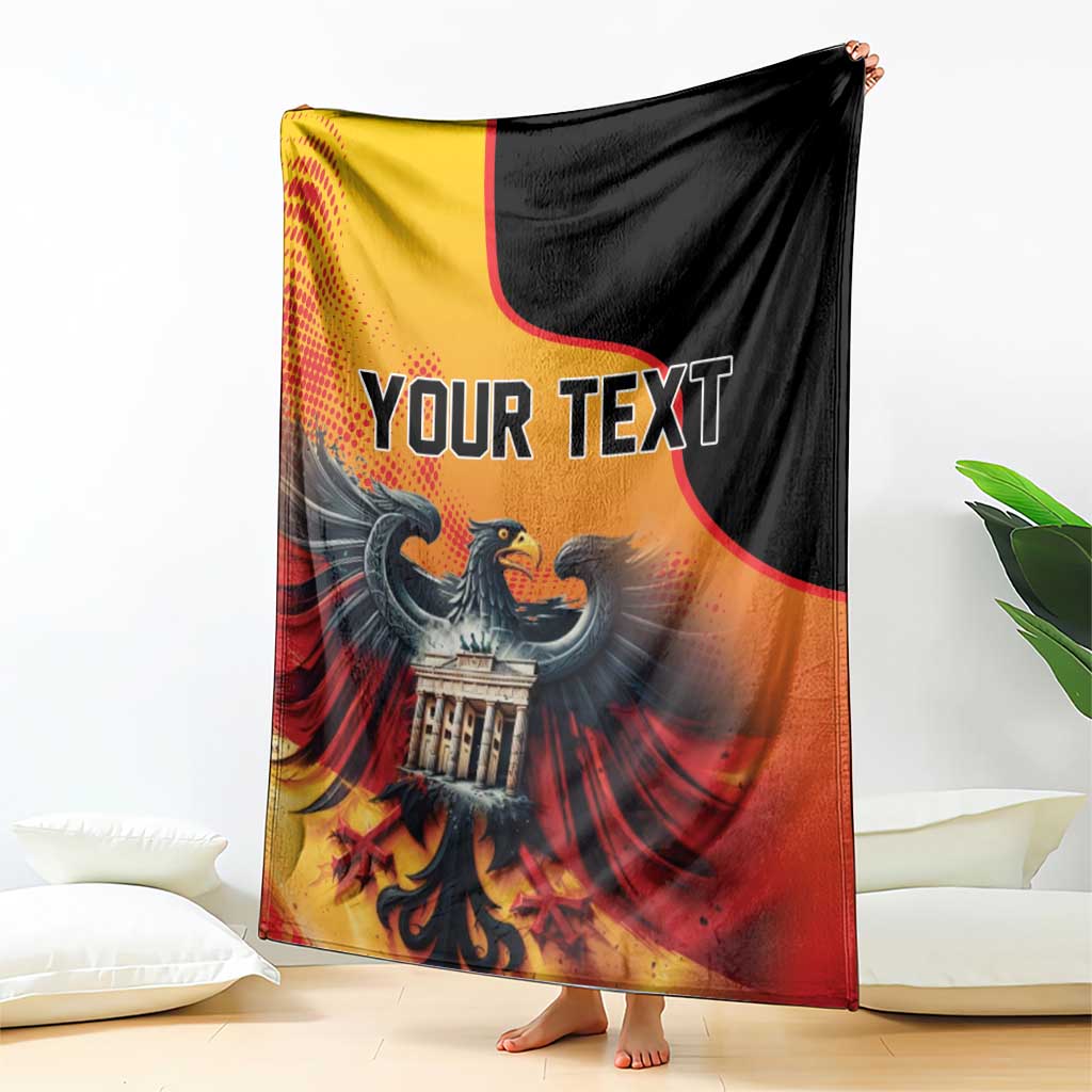 Personalized throw blanket with bold “YOUR TEXT” and eagle over Berlin Wall graphic.