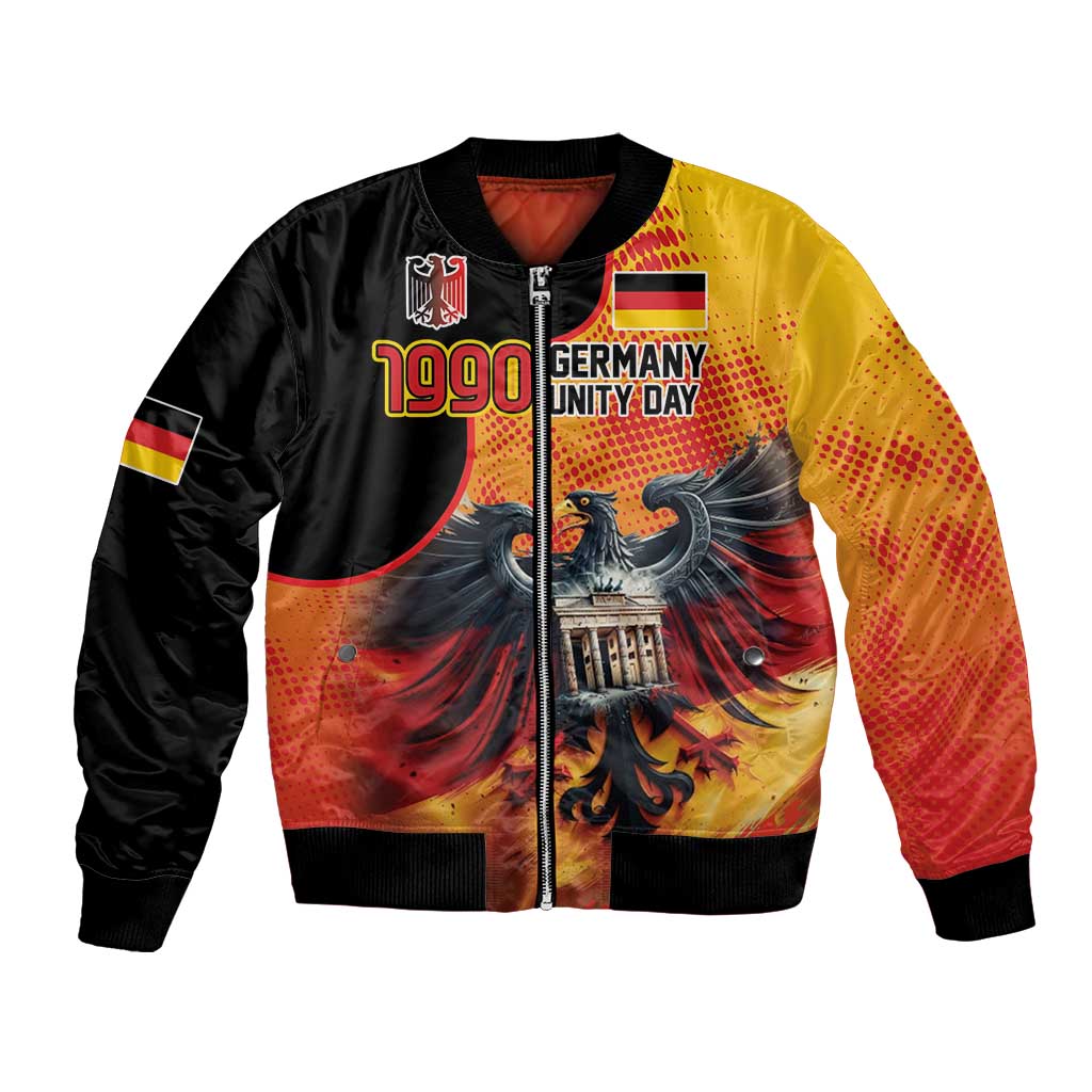 Black unisex bomber jacket with Germany Unity Day eagle over Berlin Wall art