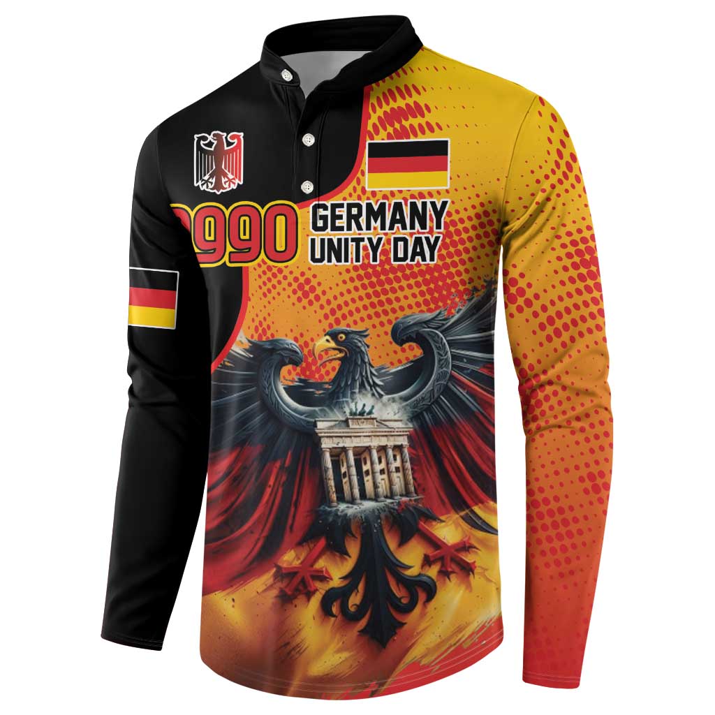 Personalized button sweatshirt: black/yellow sleeves, '1990 Germany Unity Day' front graphic