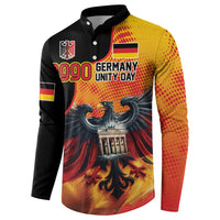 Personalized button sweatshirt: black/yellow sleeves, '1990 Germany Unity Day' front graphic