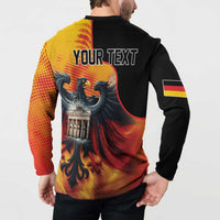 Personalized button sweatshirt back: 'YOUR TEXT' eagle graphic over Berlin Wall