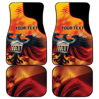 Car floor mat pair showing eagle and flames with “YOUR TEXT” on yellow