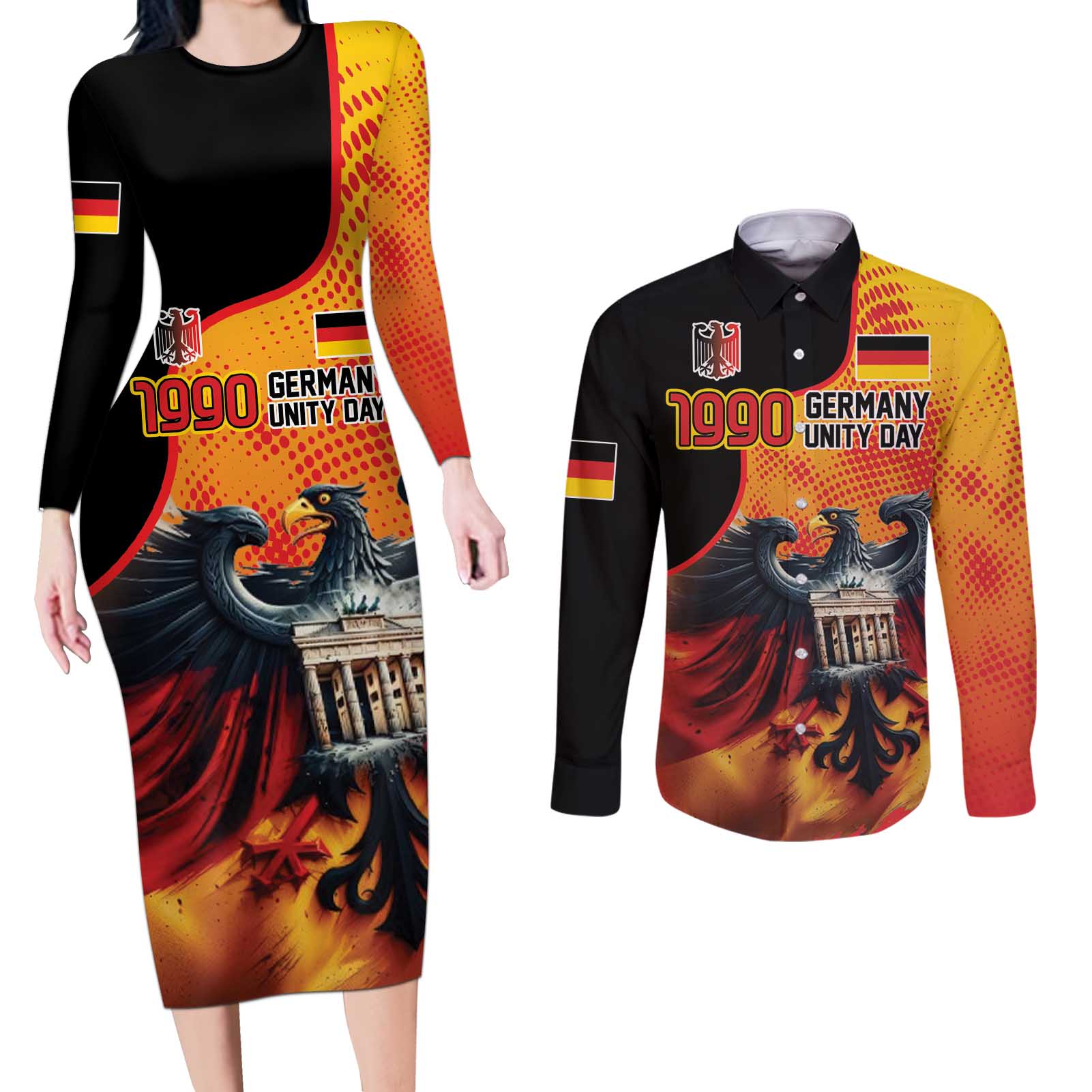 Personalized Germany Unity Day Couples Matching Long Sleeve Bodycon Dress and Long Sleeve Button Shirt The Eagle With Berlin Wall - Wonder Print Shop