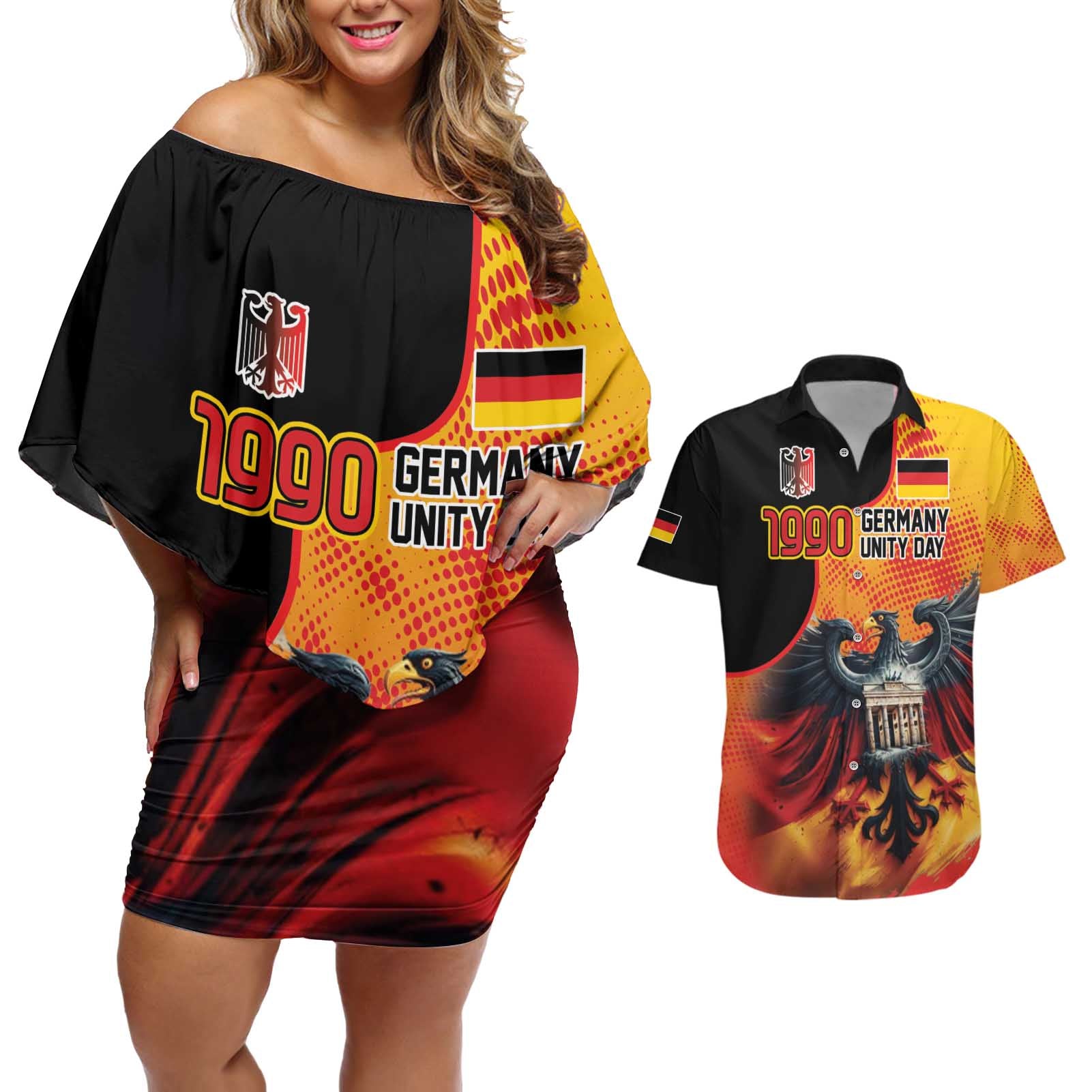 Personalized Germany Unity Day Couples Matching Off Shoulder Short Dress and Hawaiian Shirt The Eagle With Berlin Wall - Wonder Print Shop