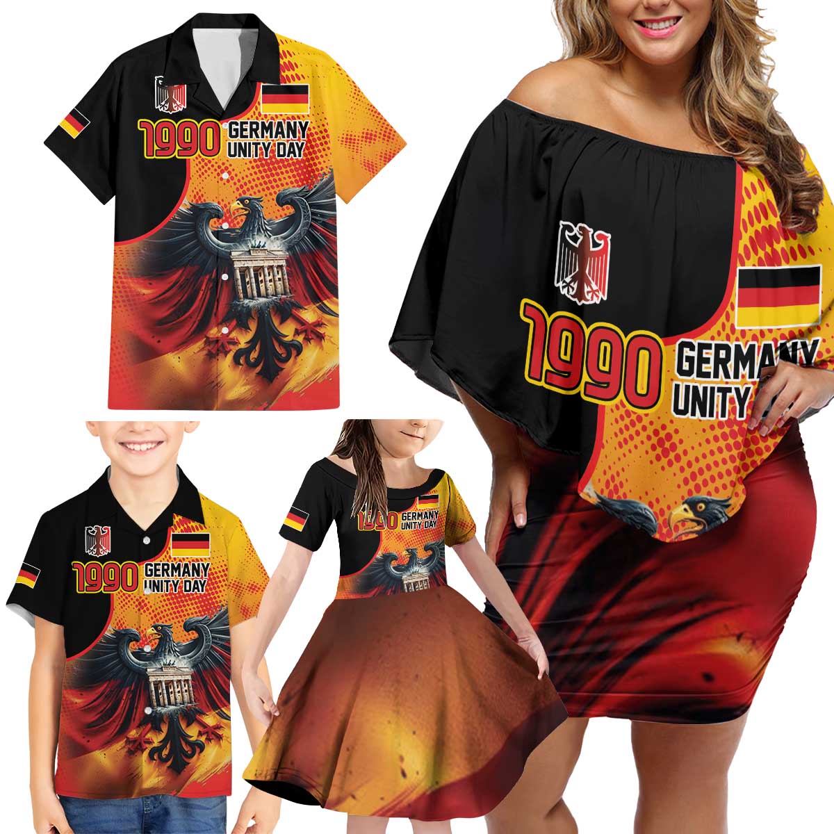 Personalized Germany Unity Day Family Matching Off Shoulder Short Dress and Hawaiian Shirt The Eagle With Berlin Wall - Wonder Print Shop