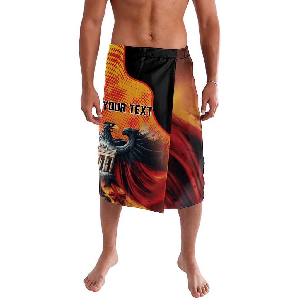 Graphic swim shorts with eagle and wall print, black waist, personalized text