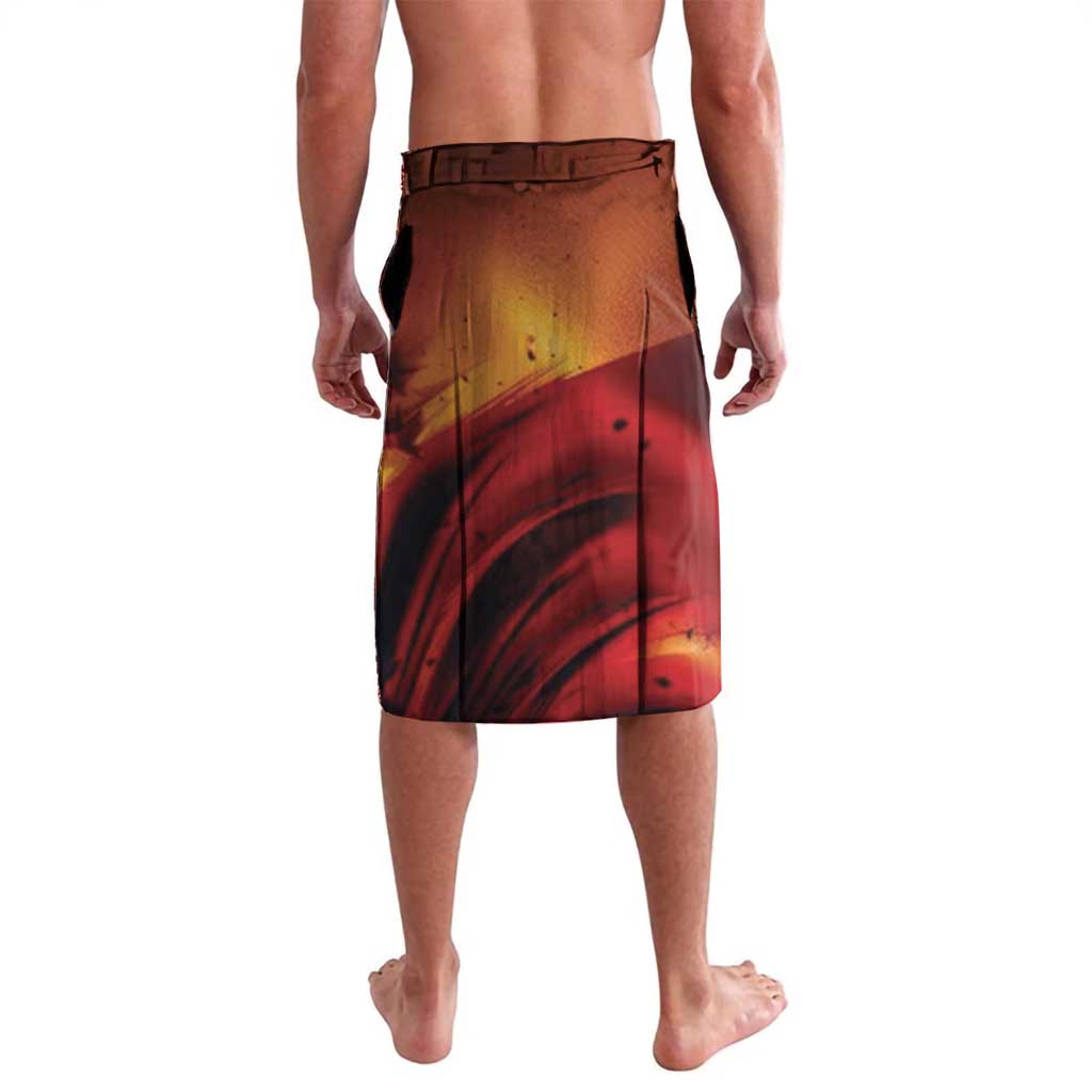 Graphic swim shorts with abstract red and yellow eagle-themed design, brown back