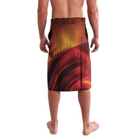 Graphic swim shorts with abstract red and yellow eagle-themed design, brown back