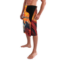 Graphic swim shorts with eagle and wall print, black waistband, red orange background