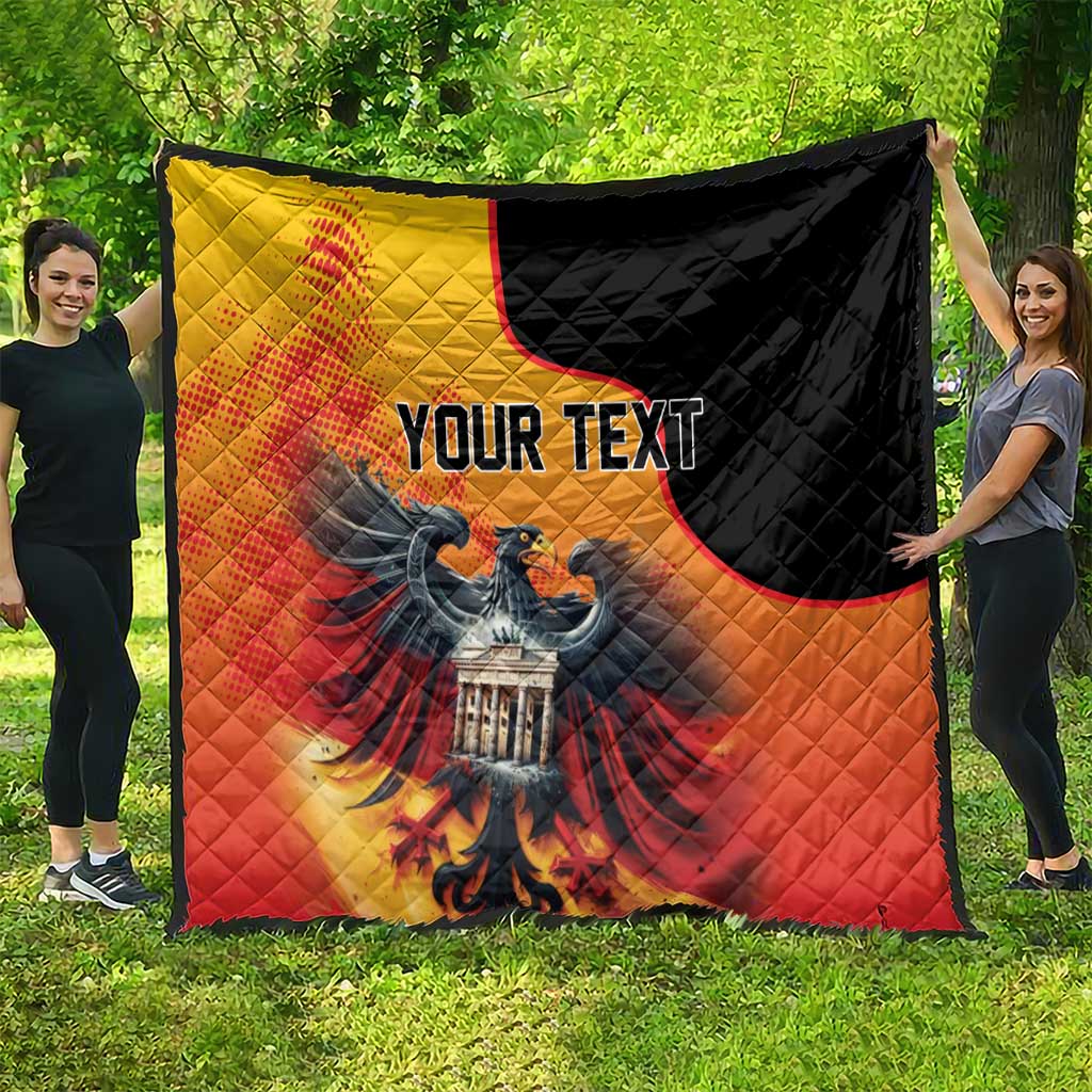 Personalized eagle quilt with custom text, red orange yellow center and black top panel.
