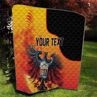 Personalized quilt blanket with eagle and custom text, vivid red orange yellow gradient.