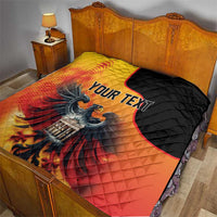 Personalized eagle quilt with custom text, red orange yellow and black quilted panels.