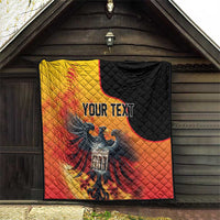 Personalized eagle quilt with custom text, quilted pattern in red, orange, yellow, black.