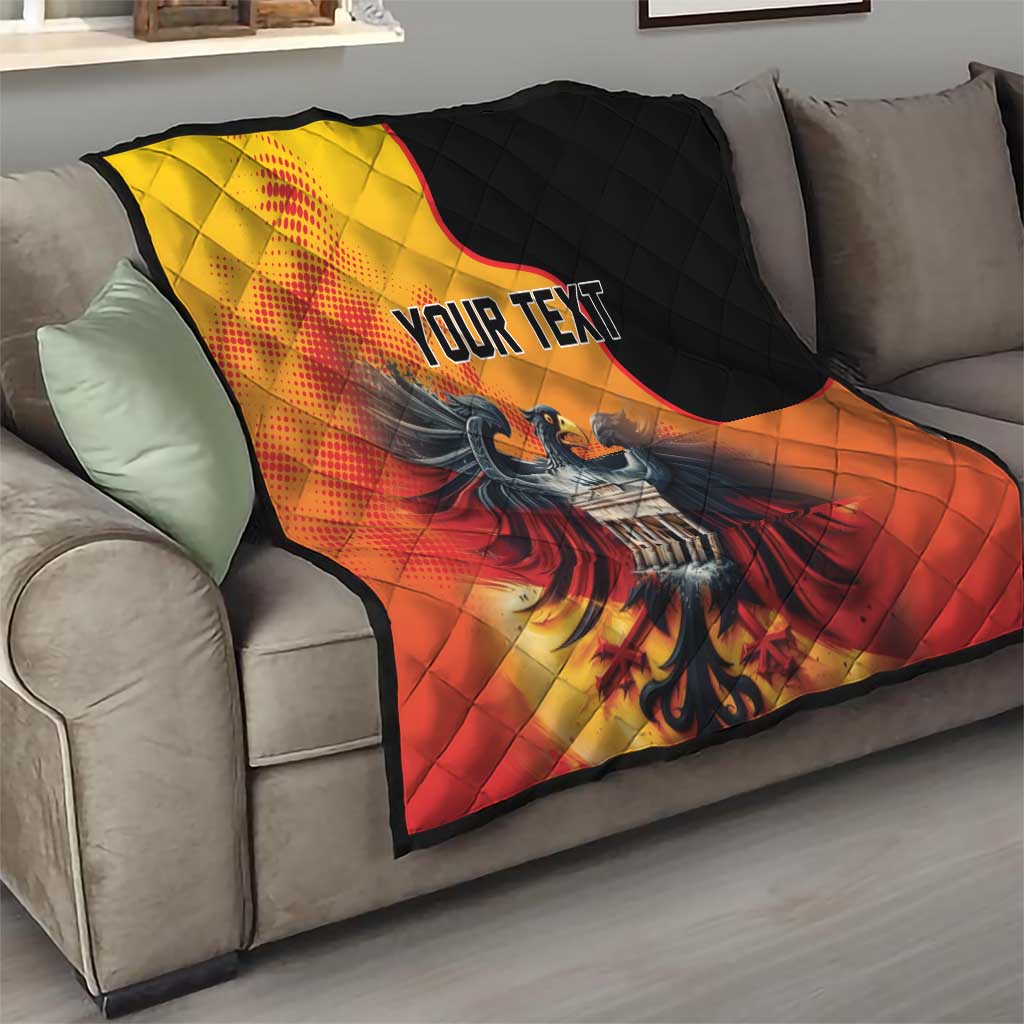 Personalized eagle quilt throw with custom text, red orange flames with black border panel.