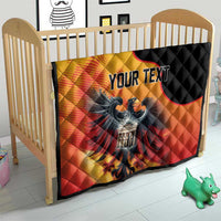 Personalized eagle quilt with custom text, red orange yellow design and black right panel.