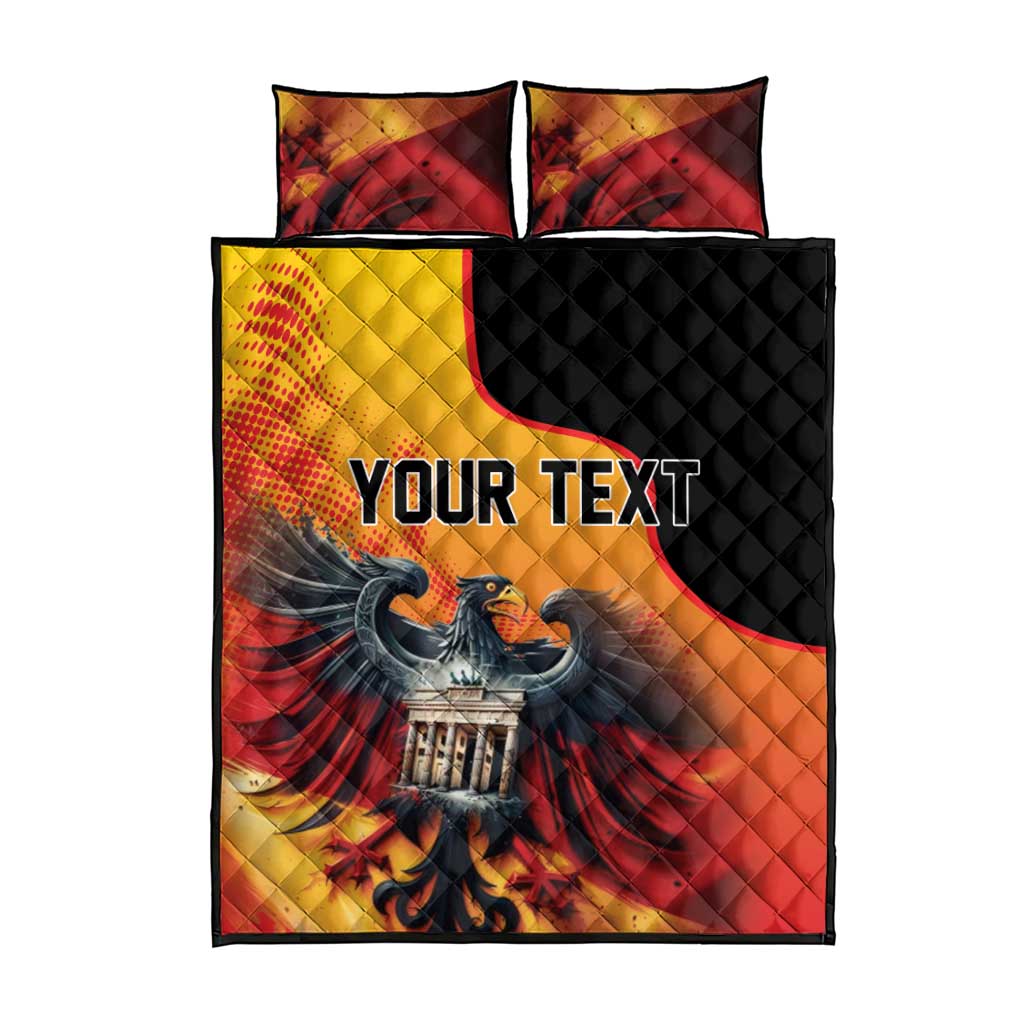 Personalized quilt bed set with eagle and Berlin Wall art, two pillows, 'Your Text' on quilt