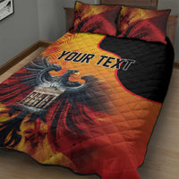 Personalized quilt bed set featuring eagle and Berlin Wall, 'Your Text' on quilt, red-yellow-black