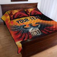 Personalized quilt bed set on wooden bed with eagle and Berlin Wall, 'Your Text', red and black