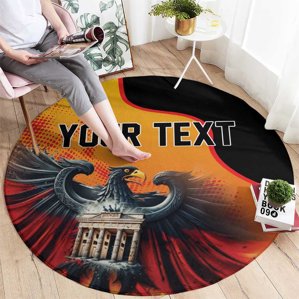 Round personalized carpet featuring eagle, gate scene, and "YOUR TEXT" headline
