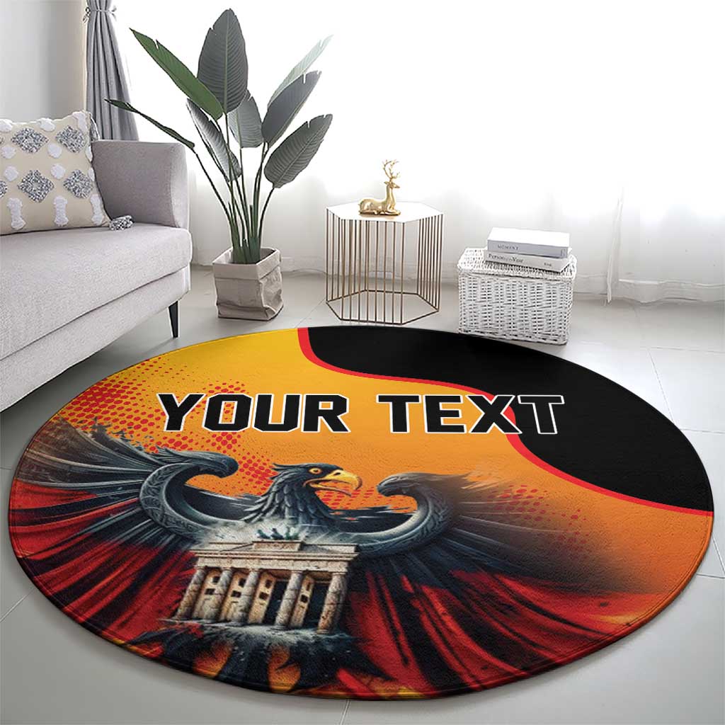 Personalized round carpet with eagle artwork, gate building, and "YOUR TEXT"