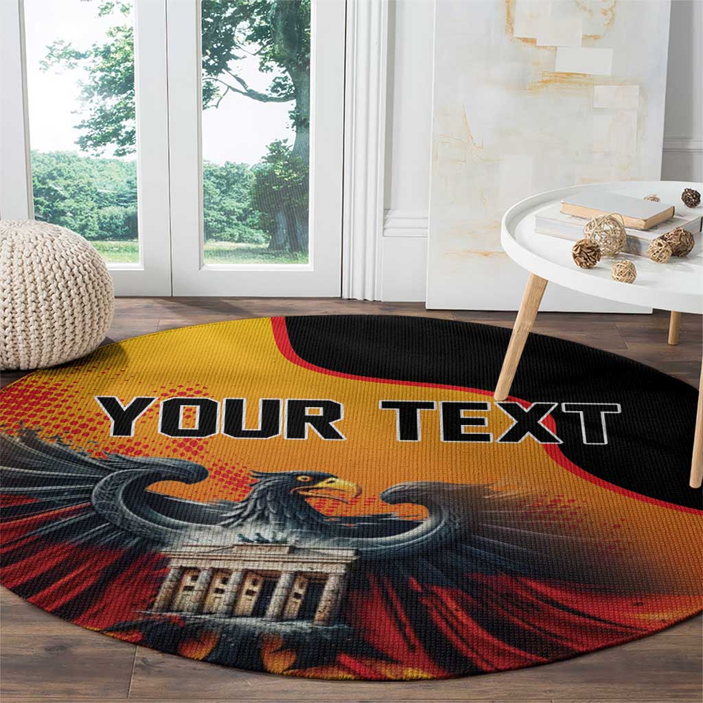 Round carpet with "YOUR TEXT" and eagle over gate, black rim with red rays