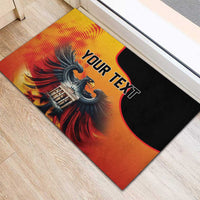 Personalized rubber doormat featuring eagle over wall graphic and YOUR TEXT
