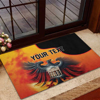 Personalized rubber doormat with eagle, red flame burst background, and YOUR TEXT