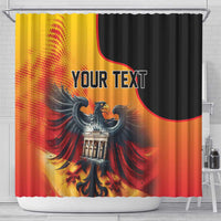 Shower curtain with eagle and Berlin Wall graphic, red yellow black, 'YOUR TEXT' and rod top