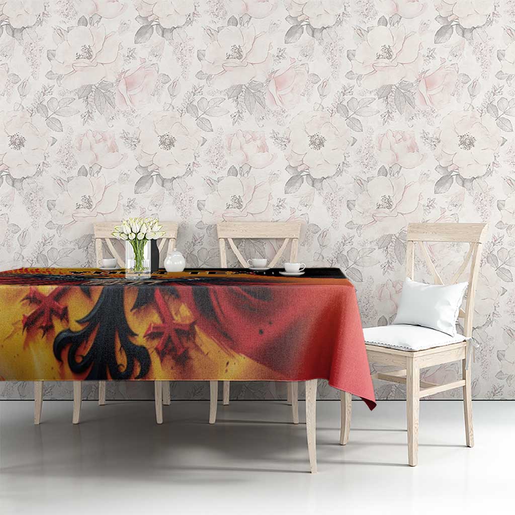 Personalized Germany unity day tablecloth with eagle graphic, red/orange tones over black background.